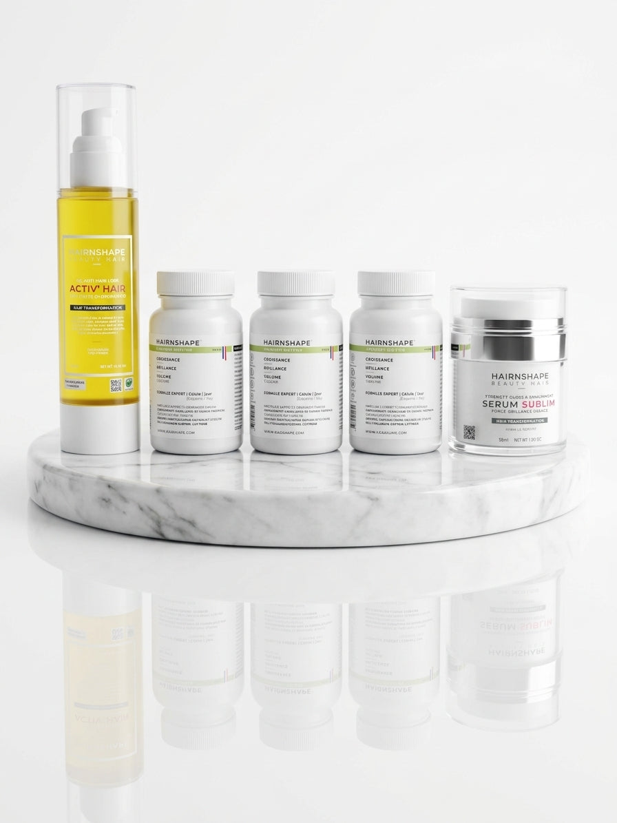 Gamme HAIRNSHAPE : huile et compléments capillaires sur un plateau en marbre