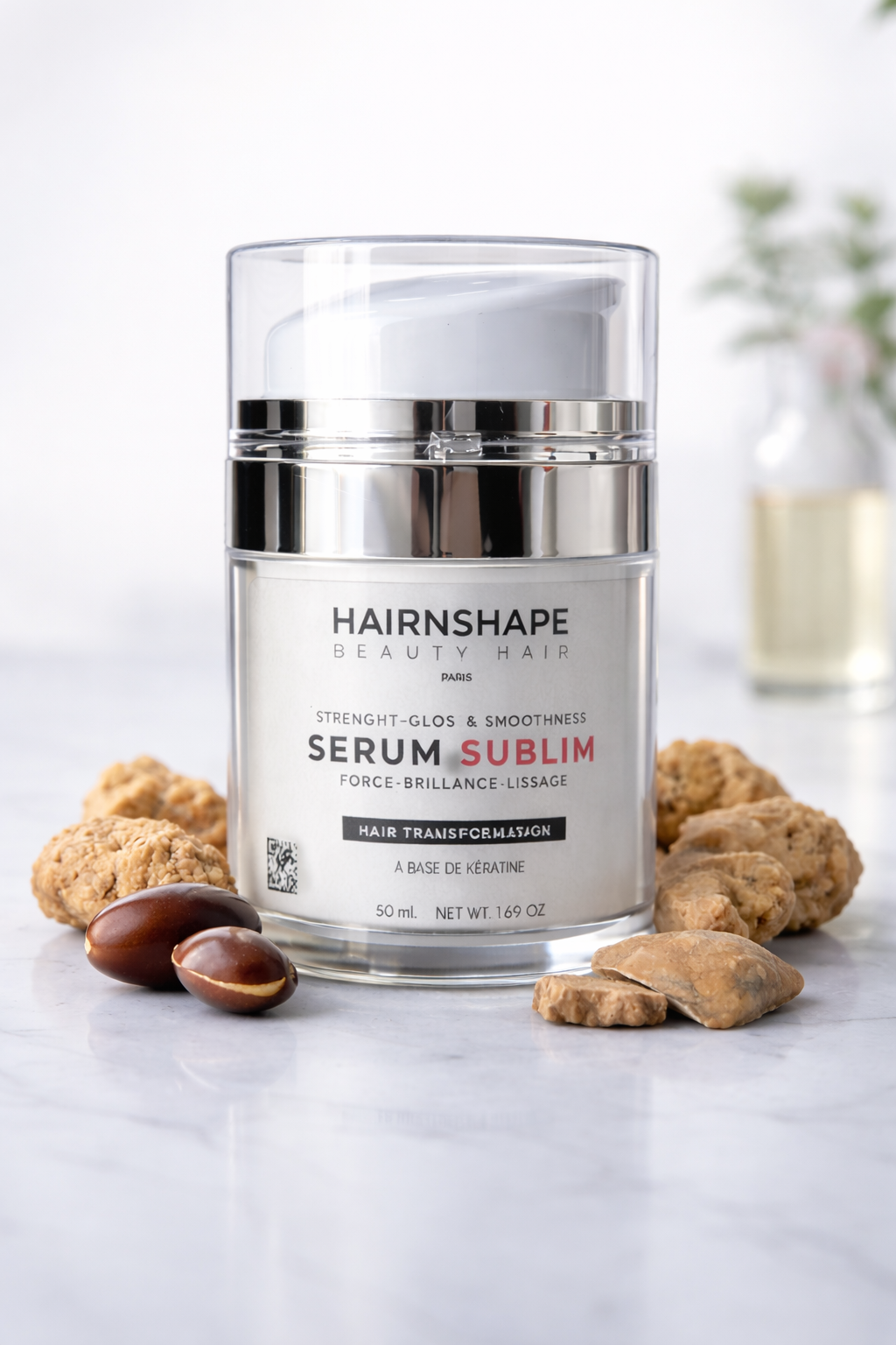 Sérum Sublim Hair, gros plan avec argan et karité